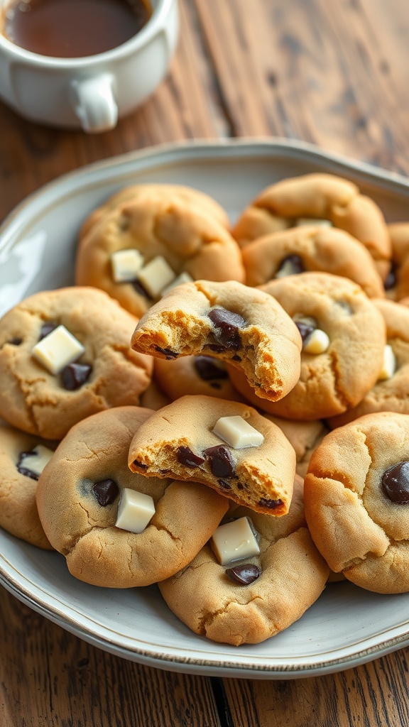 Unique cookies combining white chocolate and black garlic, arranged on a plate with a cup of coffee.
